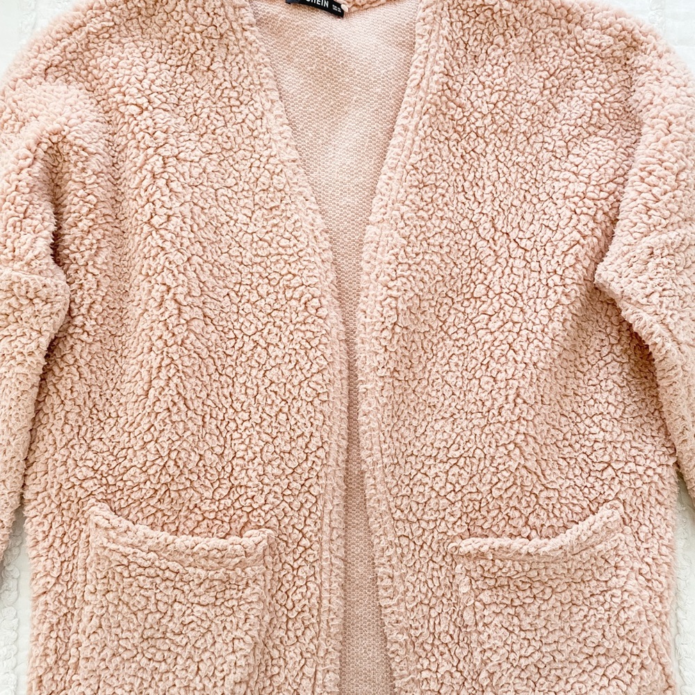 pink fluffy cardigan